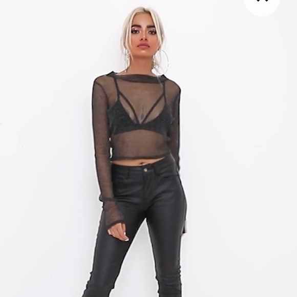 PrettyLittleThing Tops - Pretty Little Thing//BLACK SPARKLE LUREX MESH LONGSLEEVE CROP TOP